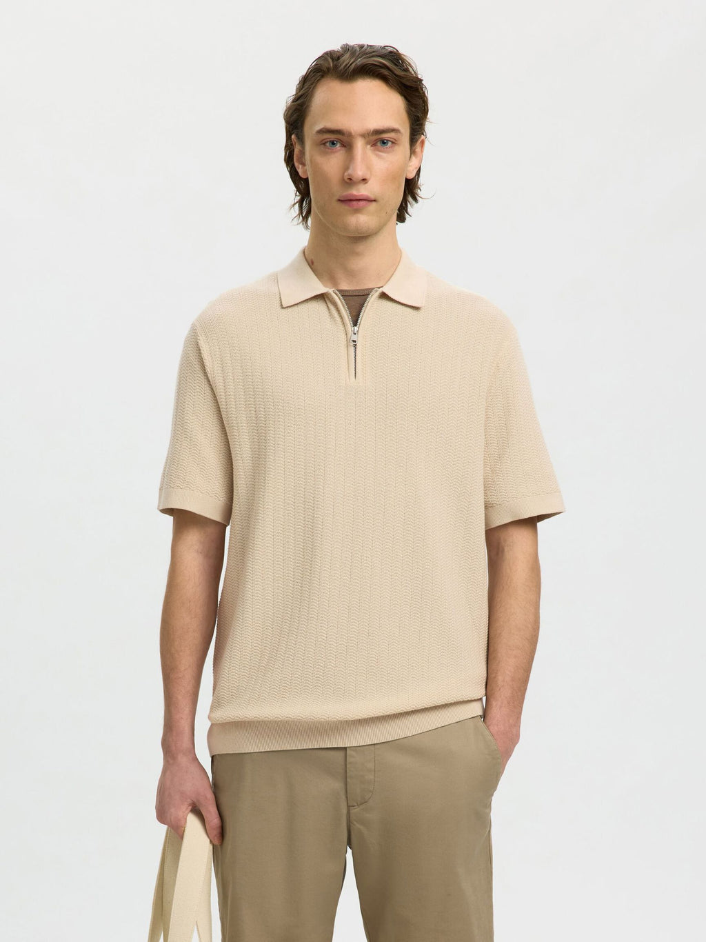 Selected Structured Half‑Zip Knit Polo - Oatmeal