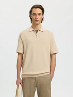 Selected Structured Half‑Zip Knit Polo - Oatmeal