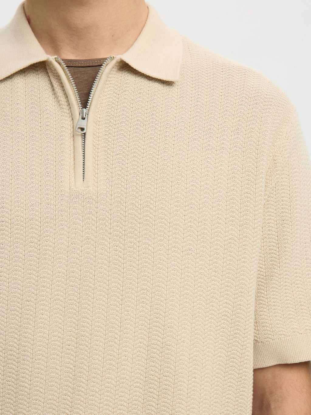 Selected Structured Half‑Zip Knit Polo - Oatmeal