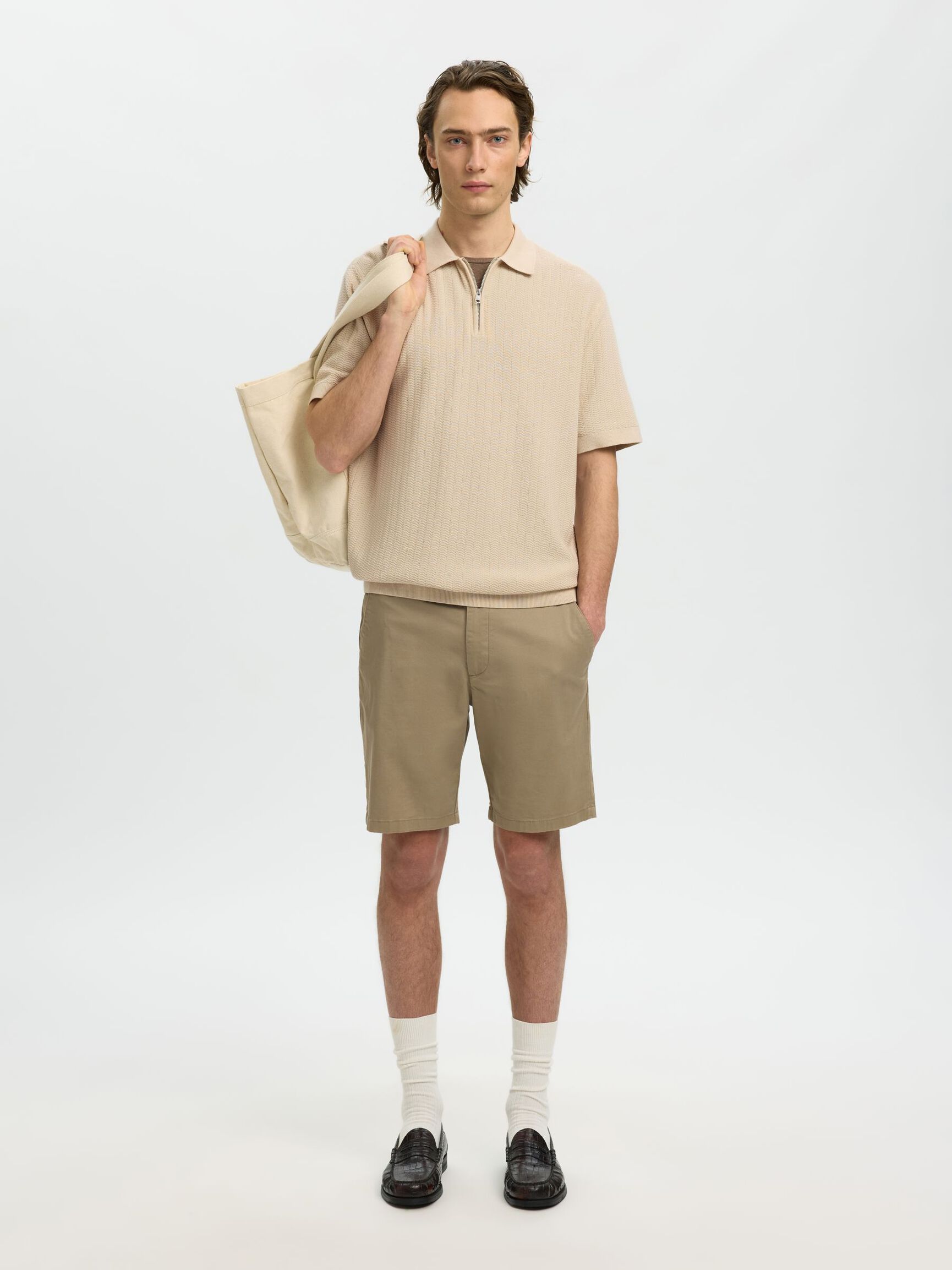 Selected Structured Half‑Zip Knit Polo - Oatmeal