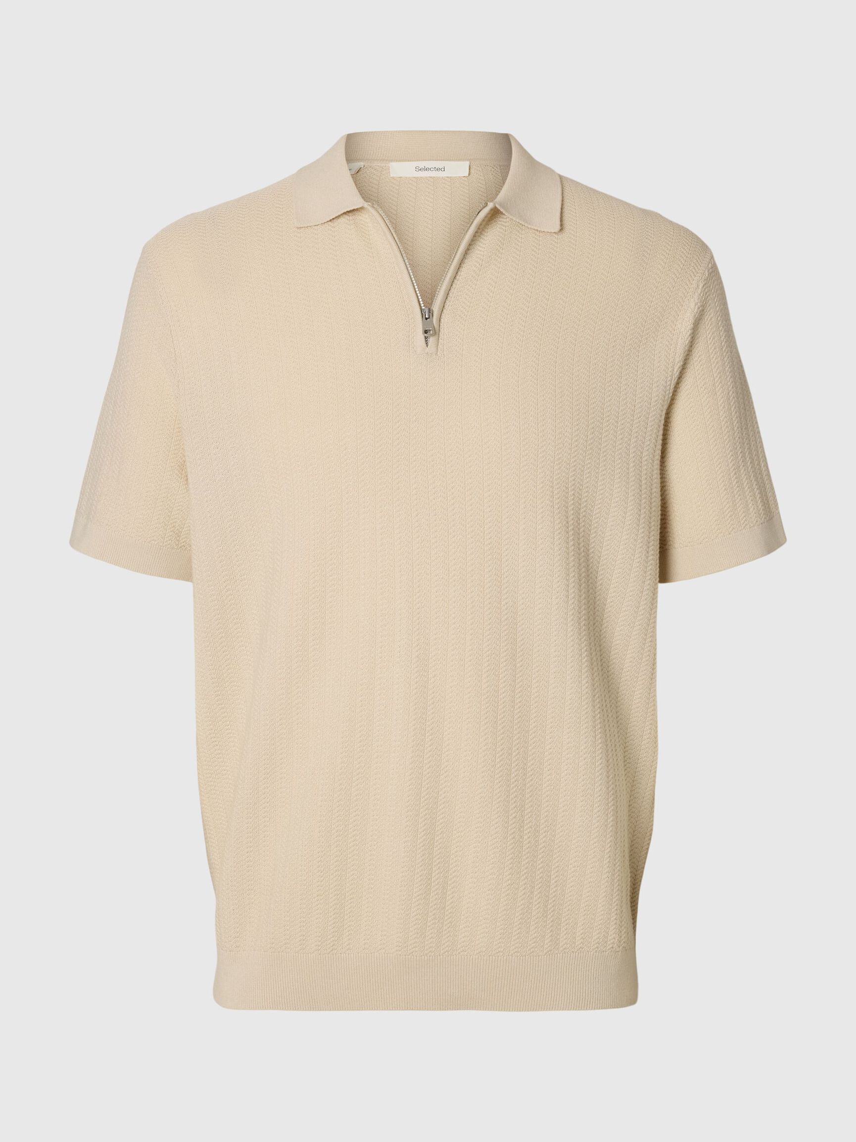 Selected Structured Half‑Zip Knit Polo - Oatmeal