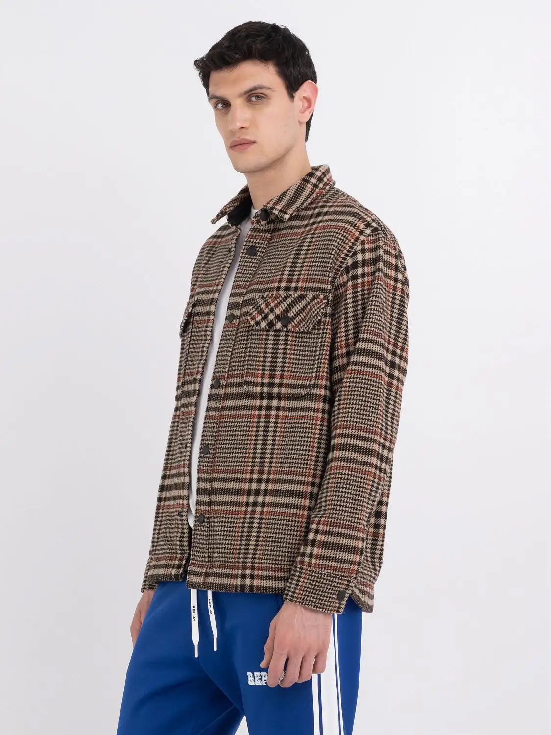 Replay overshirt i Prince of Wales-ternet uld i brun set fra siden