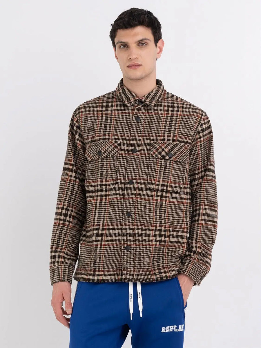 Replay overshirt i Prince of Wales-ternet uld i brun – model set forfra